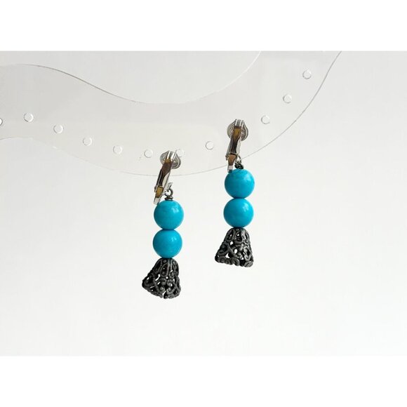 Southwest Style Faux Turquoise Silver Toned Vintage Dangle Clip On Earrings - Picture 3 of 7